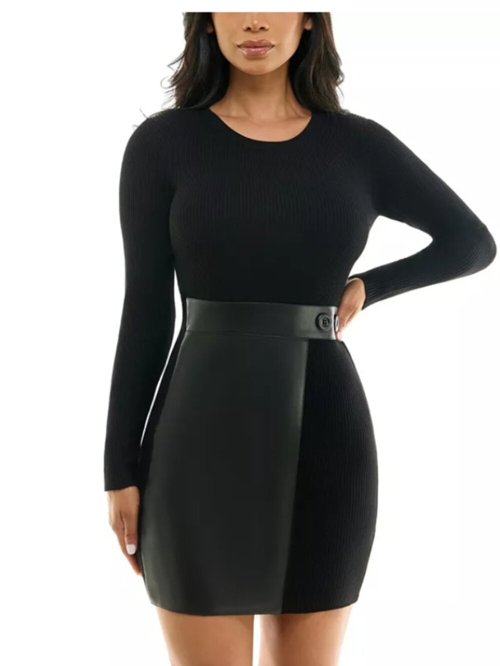 BCX Juniors' Large Bodycon Faux-Leather Detail Sweater Dress – Long Sleeve